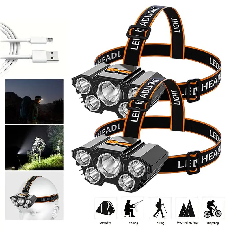 2-Pack Rechargeable Headlamp - LED Portable Flashlights with 3 Modes, Waterproof, Adjustable, Hard Hat Compatible for Adults’ Outdoor Camping, Hiking