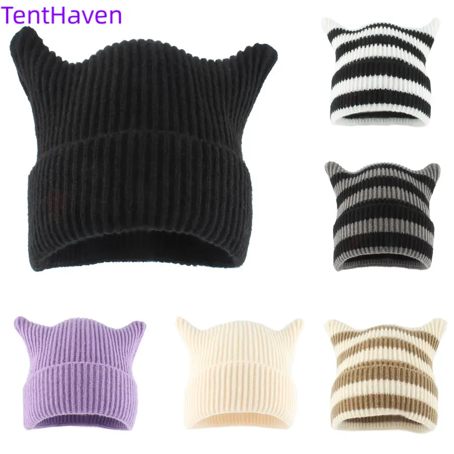2026 New Autumn and Winter Cat's ears (Steamed cat-ear shaped bread) Knitted Hat Korean Women's Cute Versatile Stripe Cow's Ear Woolen Hat