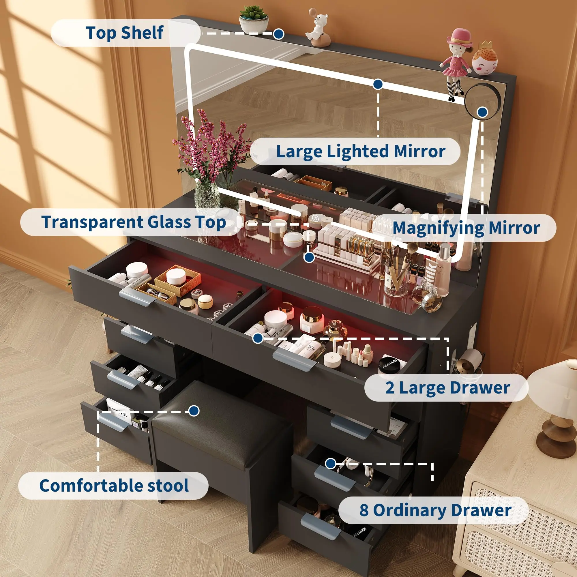 Vanity Desk with Large LED Lighted Mirror & Stool, 10 Drawers, Power Outlet, Magnifying Glass & Hairdryer Holder, 3 Lighting Modes for Bedroom