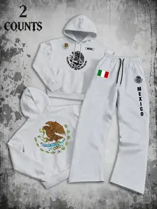 Men's Casual Sportswear Set, Soft Comfortable Hoodie + Pants, Mexican Eagle Snake Pattern Flag Letter Print, Fall & Winter 2 Piece Set