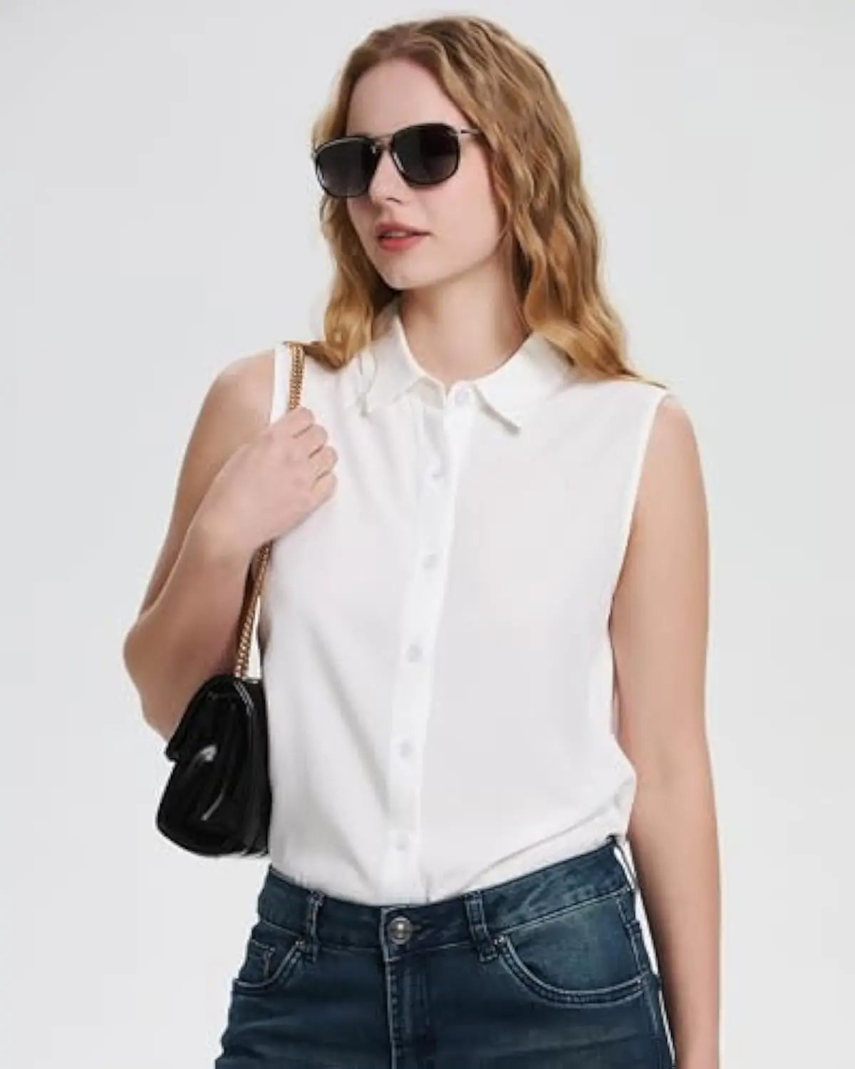 YAMANMAN Womens Sleeveless Button Down Shirts Classical Collared Blouse Casual V Neck Tank Tops Breathable Soft