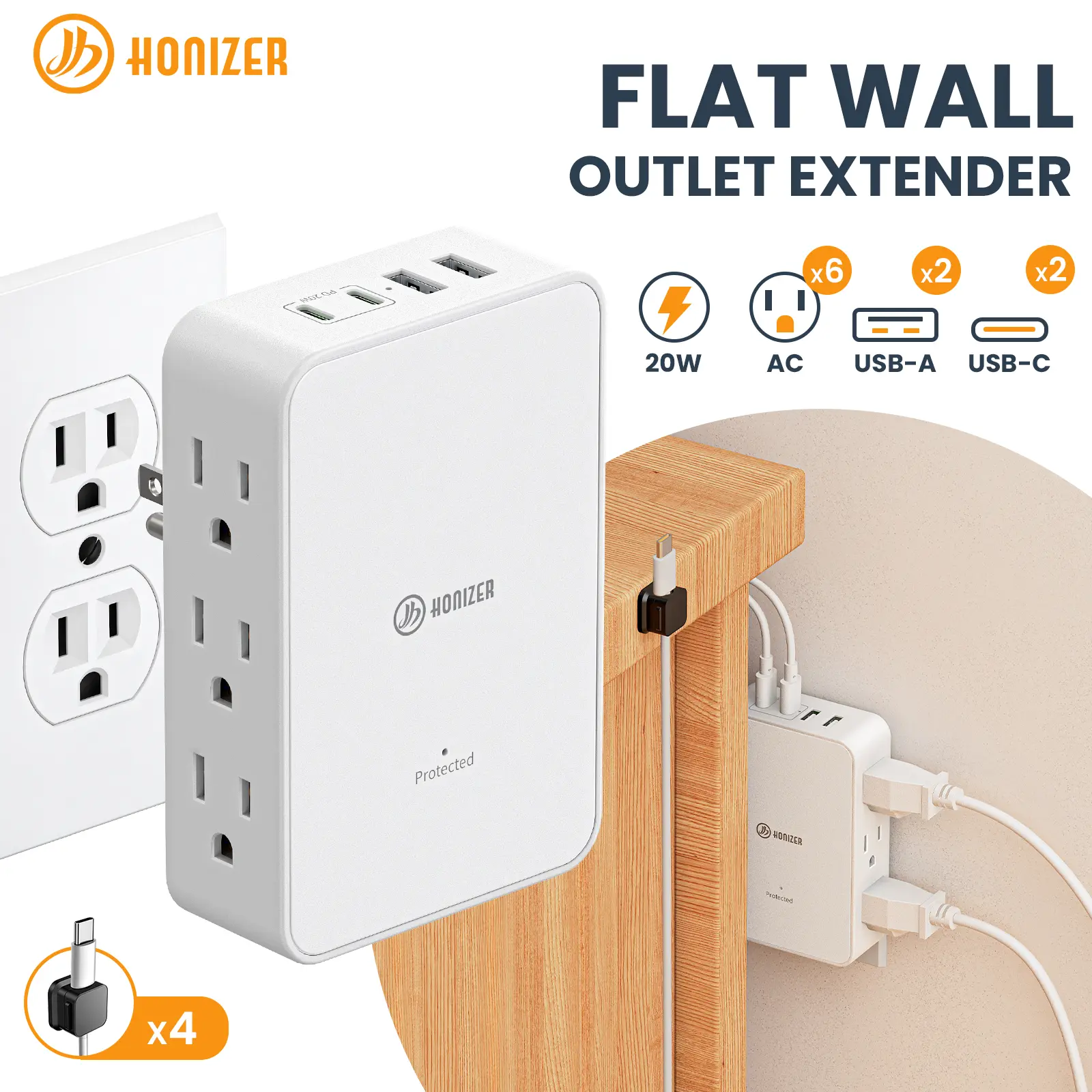 HONIZER Wall Outlet Extender - 10-in-1 Side Outlet Splitter Expander, 20W PD USB-C Surge Protector, Multi Plug Power Socket Extender for Home Improvement, Tight Spaces Behind Couches & Desks, Modern Socket