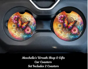 2-Piece Colorful Butterfly & Flowers Car Coasters, Neoprene/Ceramic Material, Butterfly Art Design, Spill-Proof, Cup Protection, Standard Cup Holder Fit, Stylish Functional Car Interior Decoration Accessory