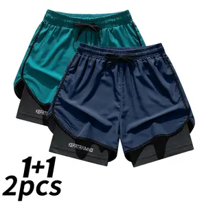 Pack of 2 men’s training shorts for summer—quick-drying, stretchy, lightweight, breathable running shorts with built-in lining; versatile sports shorts suitable for fitness and running, ideal for beachside/beachwear; two-in-one quick-drying, breathable tr