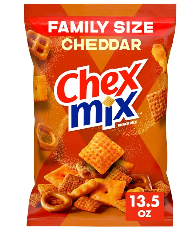 Crunchy Crispy Cheddar Snack Mix, Family Size, 13.5 oz - Corn Chex, Wheat Chex, Pretzels, Cheese Crackers, Mini Breadsticks, 50% Less Fat Than Regular Potato Chips