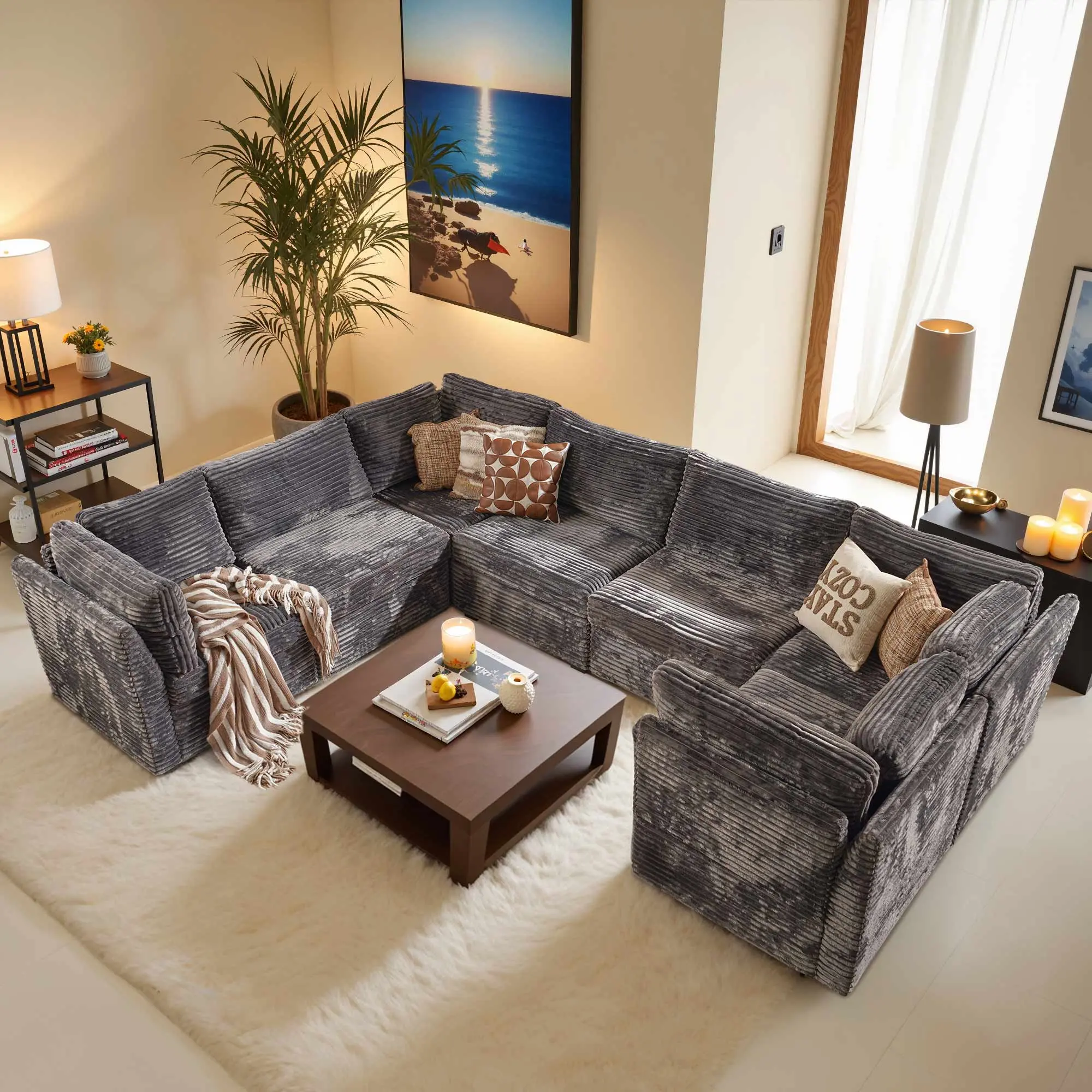 CAODOC Oversized Corduroy Modular Sectional Sofa 7-Seater Convertible Corner Couch with Detachable Seat & Back Cushion for Living Room Easy Assembly Free Combination