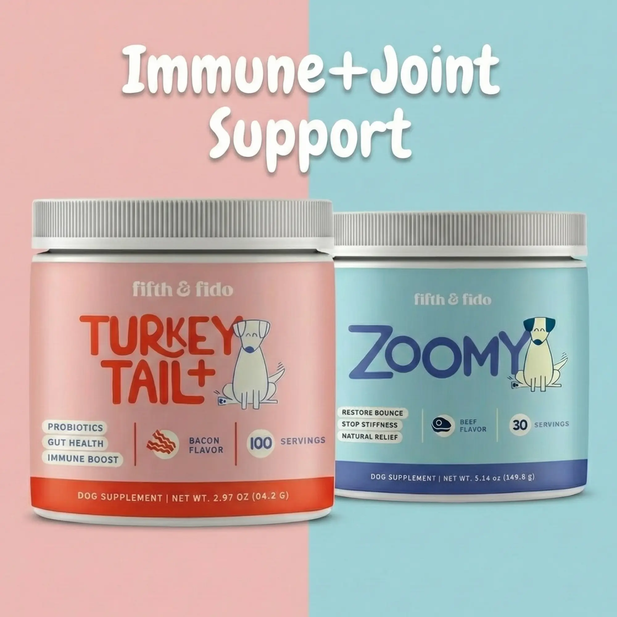 Fifth and Fido Biohack Bundle - Canine Nutritional Supplements with Turkey Tail, Hip & Joint Care, Immune Booster, Probiotic Gut Care for Daily Canine Wellness