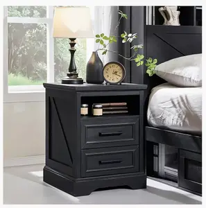 18" Farmhouse Nightstand with Charging Station – End Table with 2 Drawers, Wooden Bedside Cabinet with Built-in USB Ports & Outlets, for Bedroom, Living Room