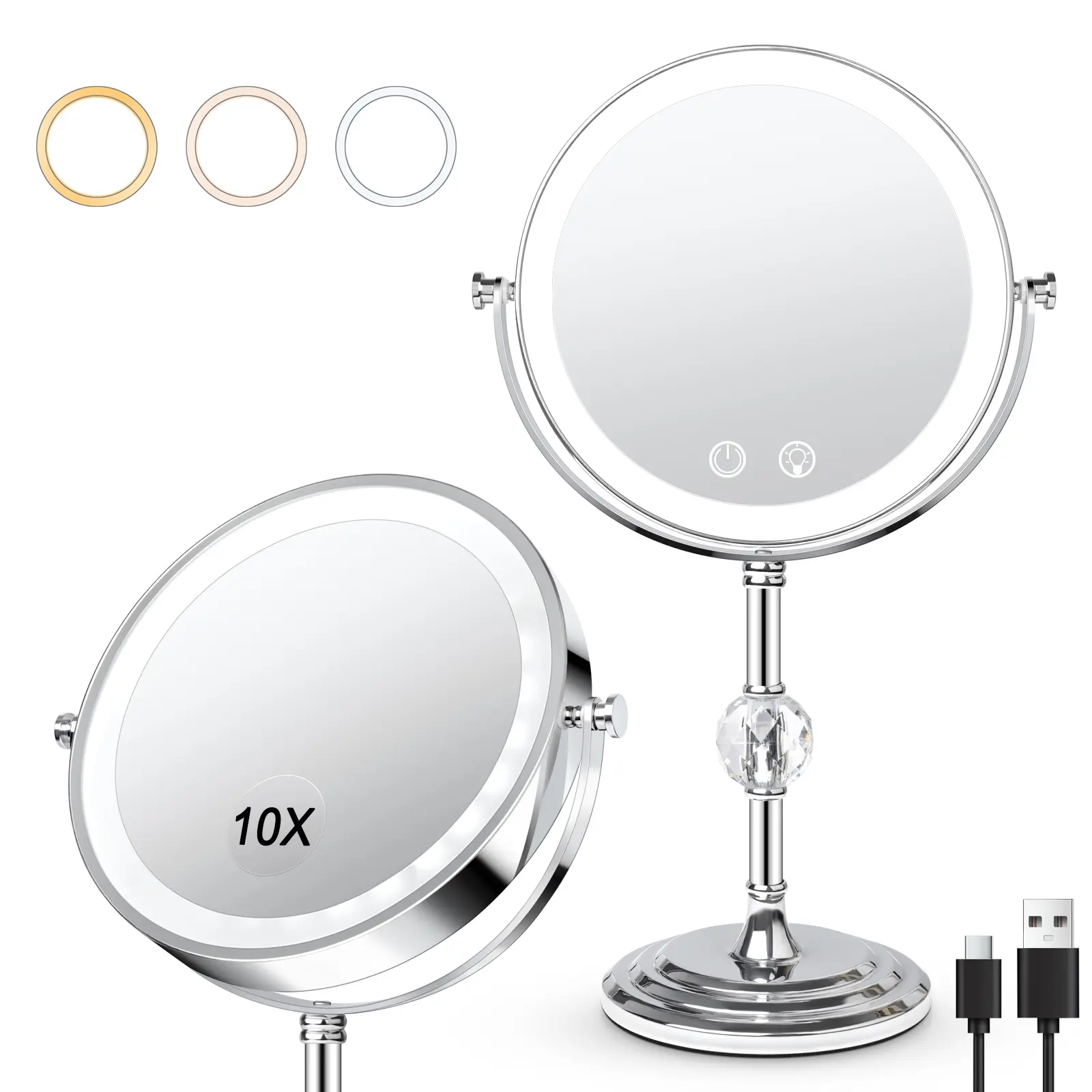 Stainless Steel Metal Plain Round Lighted Vanity Mirror - Handheld/Standing, 4000 mAh Rechargeable, Adjustable Brightness, 3-Color Lighting, 360° Rotating, Double-Sided 1x/10x Magnifying, Memory Function, Ideal Gift for Women, Home Decor, Room Decor
