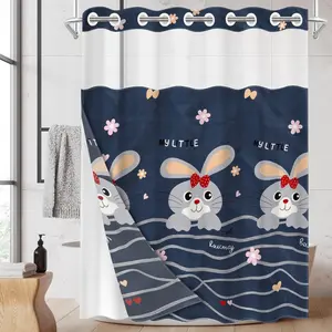 1pc hookless shower curtain with buckle lining, spring blue background with bunny bow design, 2D flat printing, fabric waterproof lining, see-through double-layer shower curtain, 71 x 74 inches, modern home draping curtain.
