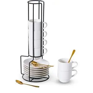 Porcelain Stackable Espresso Cups with Saucers, Spoons and Metal Stand 3 Ounce Small Cappuccino Coffee Cups Set of 6 - Ceramic Demitasse Cups for  Lungo, Double Espresso, White