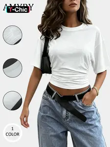 Women's Solid Color Simple Round Neck Short Sleeve T-Shirt, Spring Summer Casual Loose Fit Waist Cinch Slimming Top, European Style, Minimalist Basic