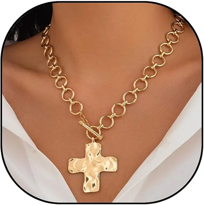 Chunky Cross Necklace for Women Gold Chunky Cross Pendant Necklace Layered Heart Toggle Necklace Hammered Cross Statement Necklace Thick Chain Necklace Jewelry tiktokshopspringglowup