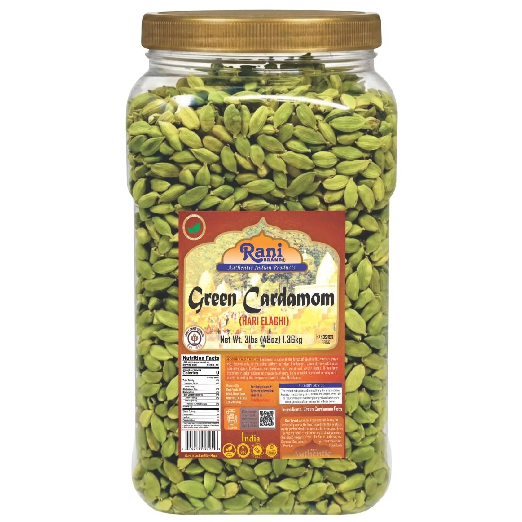 Rani Green Cardamom Pods Spice (Hari Elachi) 48oz (3lbs) 1.36kg PET Jar ~ All Natural | Vegan | Gluten Friendly | NON-GMO | Kosher | Product of India