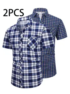 Men's Plaid Button Front Short Sleeve Shirt, Casual Geometric Design, Fitted Summer Hawaiian Vacation Top, Fashionable Sportswear