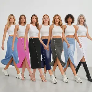 JUNBAOSS Women's Casual Stretch Mid Rise Long Denim Skirt with Buttons Slim Fit Hipster Streetwear Comfortable Cotton Fabric Durable Material 2 Pockets Perfect for All Day Wear Fashion Womenswear Elastic Bottom - Coat tiktokshopspringglowup