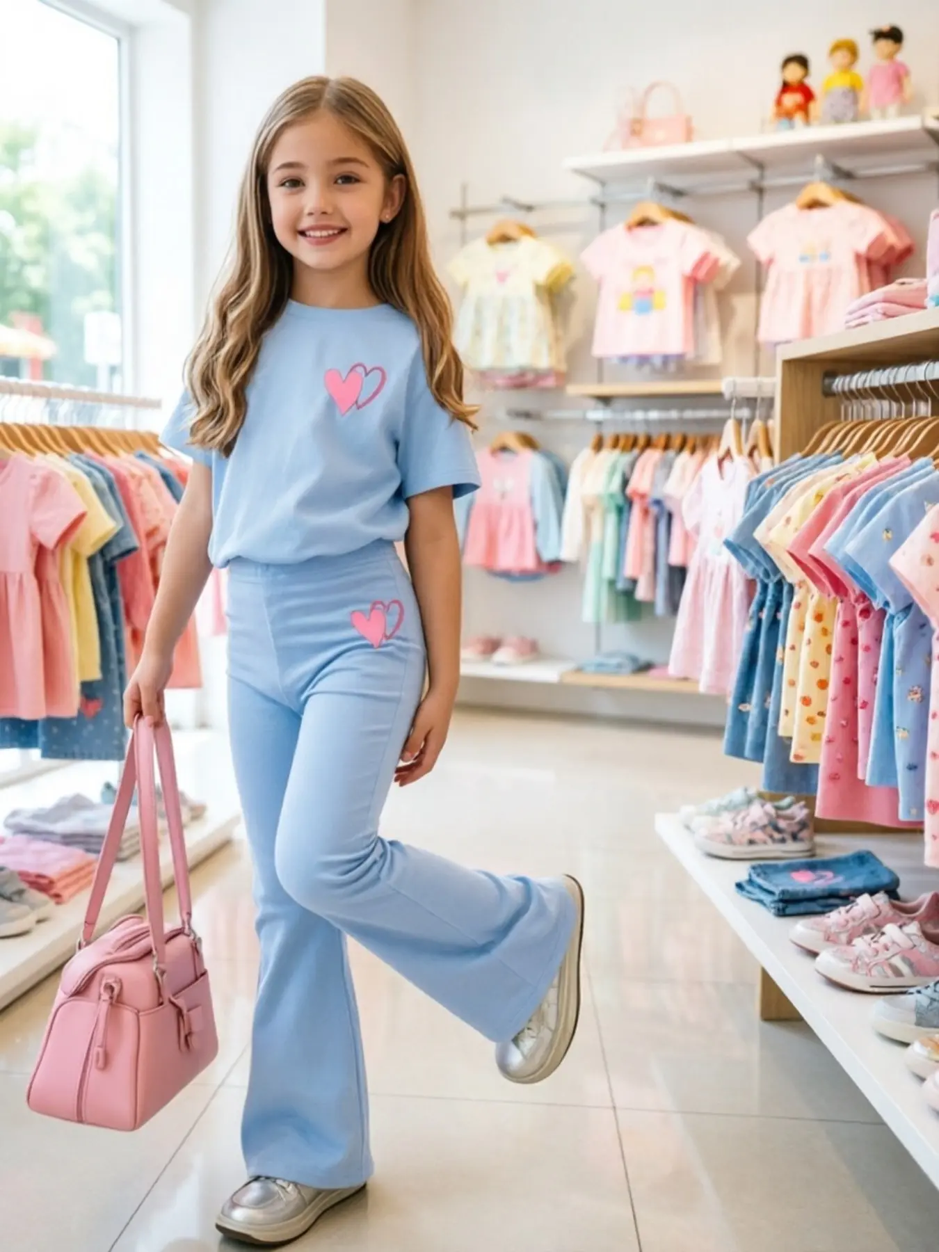 Heart Printed Short-Sleeve T-Shirt + Slim Stretch Flared Pants，Back-to-School Matching Sister Set, Summer Cute Fashion Style, Slightly Elastic Fabric, Ideal for Outdoor Activities Outfit
