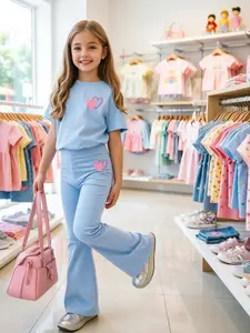 Heart Printed Short-Sleeve T-Shirt + Slim Stretch Flared Pants，Back-to-School Matching Sister Outfit Set, Summer Fashion Style, Slightly Elastic Fabric, Ideal for Outdoor Activities