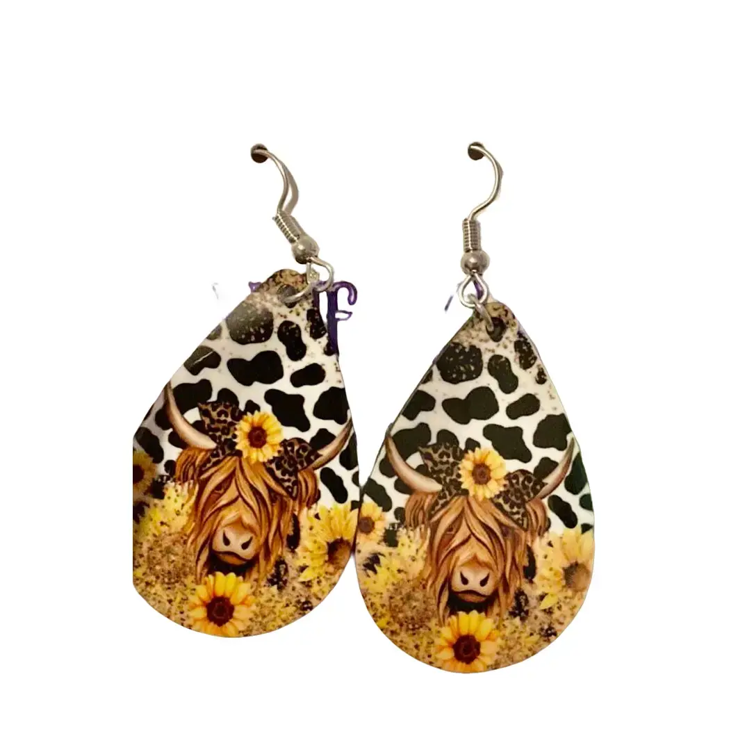 Sunflower Highland Cow Sublimation Earrings
