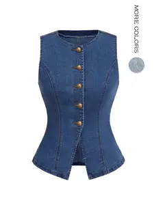 Aswulk Women's Button Down Denim Vest Sleeveless Crew Neck Tank Tops Fashion Dressy Casual Blue