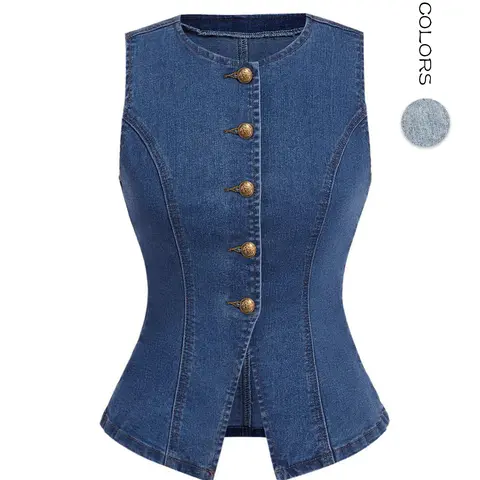 Aswulk Women's Button Down Denim Vest Sleeveless Crew Neck Tank Tops Fashion Dressy Casual Blue