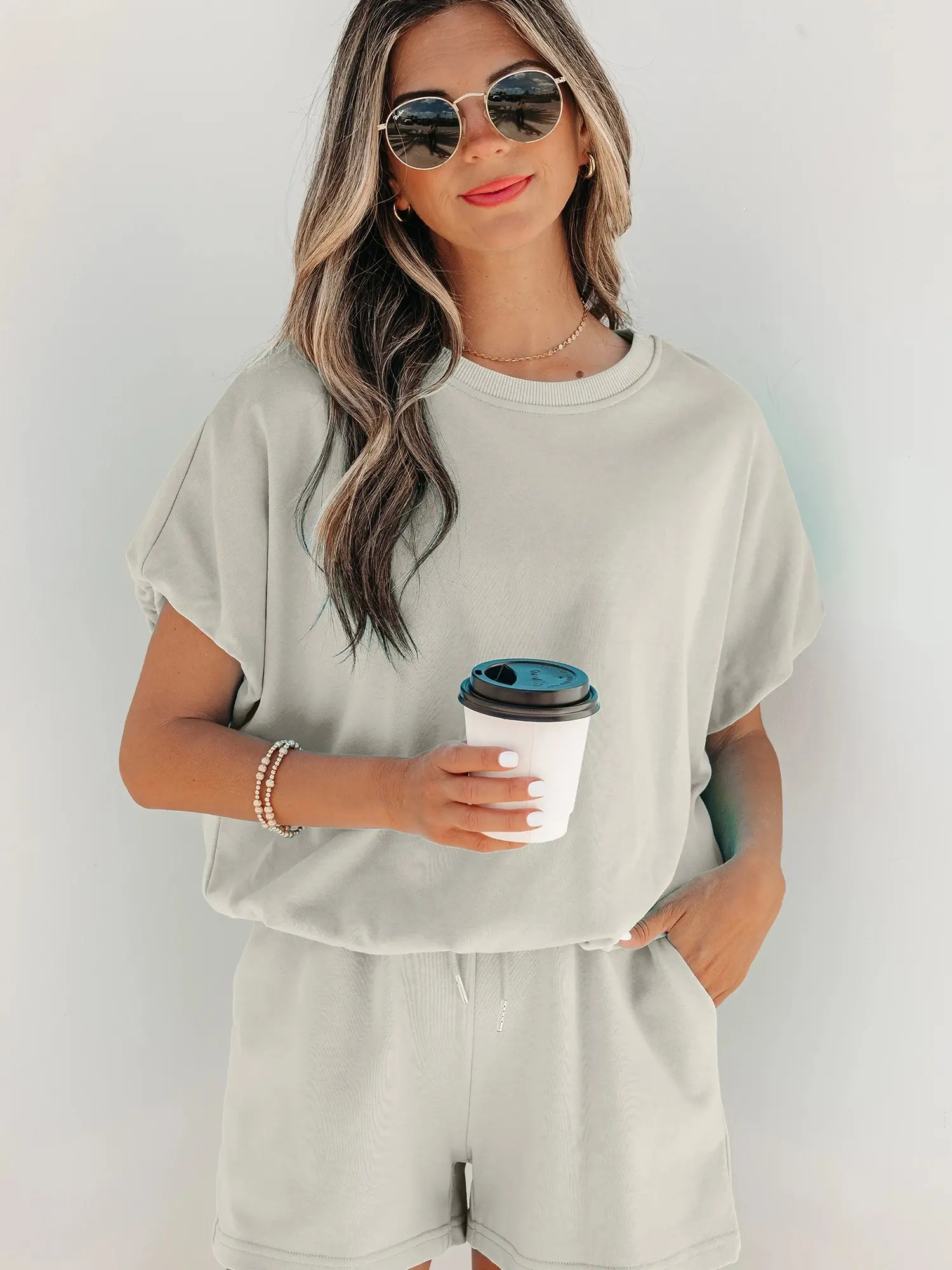 Womens Smoke Gray Solid Color 2pcs Outfit Puffy Loose Top and Drawstring Shorts Set Milk Silk Loungewear Valentine's Day Gift
