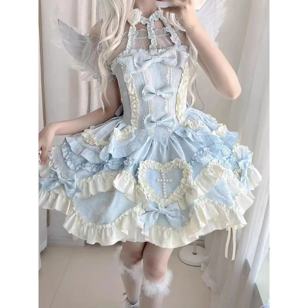 Lovely Kawaii Slash Neck Slim Lolita Dress Women Sweet Design Bow Off  Shoulder Sling Dresses Elegant Cute Pretty New Clothing - TikTok Shop