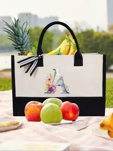 Floral & Letter Pattern Tote Bag, Large Capacity Canvas Shopping Bag, Women's Beach Bag, Gift for Mom, Gift for Women, Reusable Shopping Bags