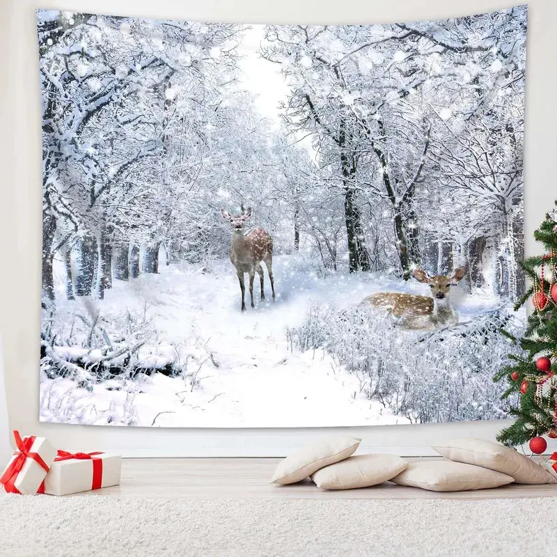 Winter Snow Scenery Forest Print Tapestry - Home Decor Accessories for Family, Room Decorations, Decorating My Apartment, Studio Wall-Hanging, Christmas Party Banner, Table Scarf as Show, Home Inspo