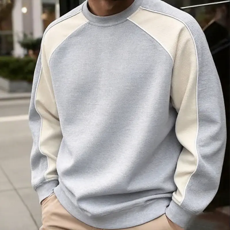 Men’s Color Block Crewneck Sweatshirt Autumn/Spring Male Clothing, Sportswear Long Sleeve Loose Fit Top, Casual Base Layer, Trendy Brand Structured Patchwork Design, Comfortable Breathable Fabric