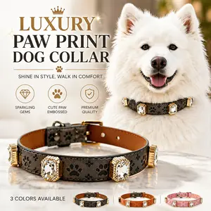 Paw Print Rhinestone Dog Collar, Sparkly Bling Leather Neck Collar, Adjustable Comfortable Fashion Pet Neckwear, Durable Daily Decorative Accessory for Small Medium Large Breed Dogs