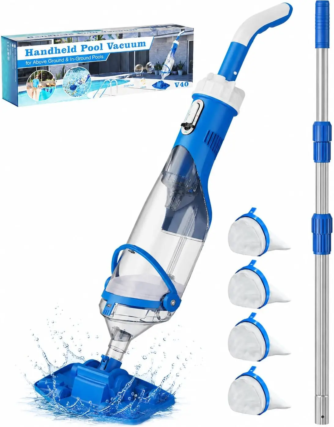 Cordless Pool Vacuum with Telescopic Pole, 18.5 GPM Suction, 1.5H Supercharge Handheld Cleaner for Above Ground and Inground Pools, Hot Tubs, and Spas - Blue