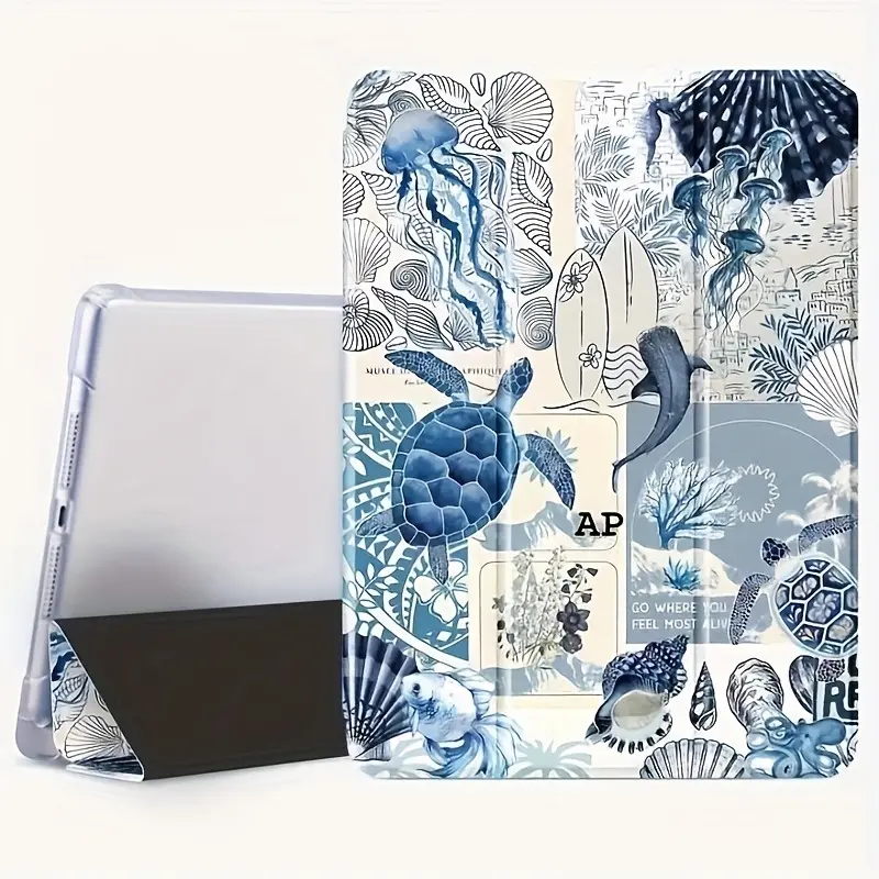 This sea turtle and jellyfish beach collage case features an adjustable stand and pen slot, and is a foldable, non-slip TPU protective case suitable for Samsung, iPad mini, iPad Air, iPad Pro/iPad 10th and 11th generation iPads.