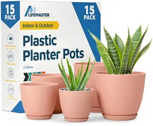 Plant Pots with Drainage Holes & Saucers 15 Pack, Indoor & Outdoor Stackable Space-Saving Planters for Houseplants & Flowers, (7", 6.7", 6", 5.3", and 4.8" Inches), Durable & Weatherproof