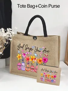 This Printed Linen Tote Bag and Matching Coin Purse Set Is a Portable Travel Beach Bag with a Large Capacity, Perfect for the Beach, Travel, And Vacation. It's an Ideal Gift for Teachers. Also Suitable as a Valentine's Day or New Year's Gift.