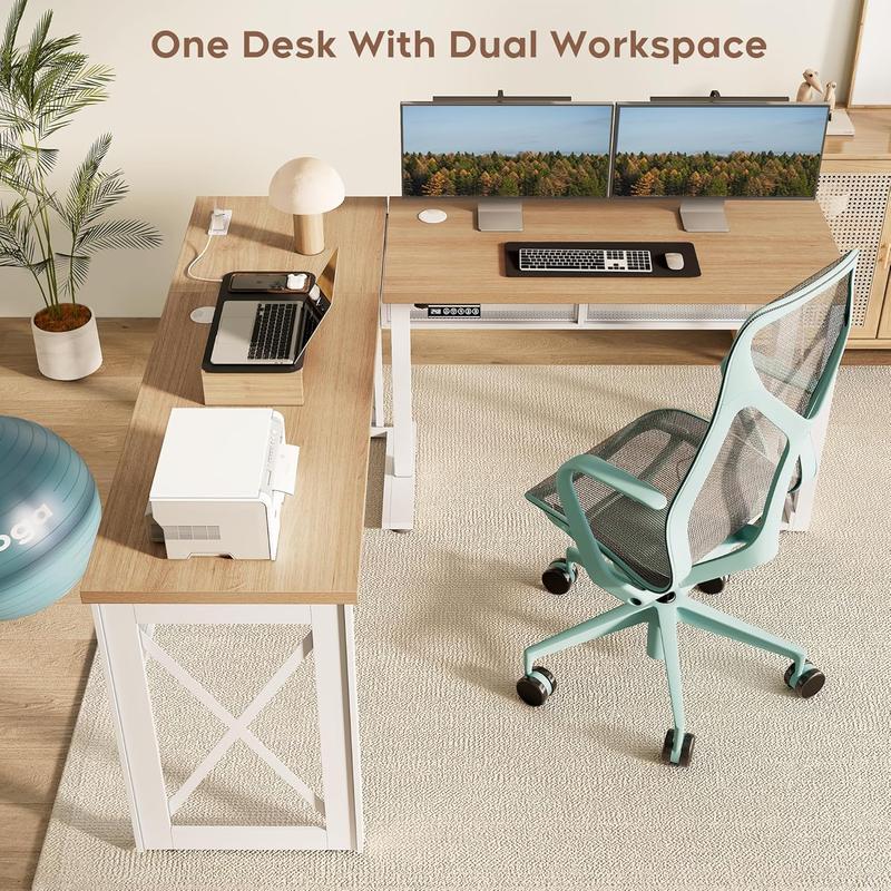 L Shape Standing Desk, Electric Corner Desk Height Adjustable, 61x60 Computer Desk with 4-in-1 Outlet, for Work Home Office, Livestreaming, Gaming, Light Oak