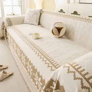 Tassel Edge Atmosphere Sofa Throw, Fair Isle Style, Plaid Jacquard Sofa Blanket, Ideal for Home and Ethnic Hotel Decor