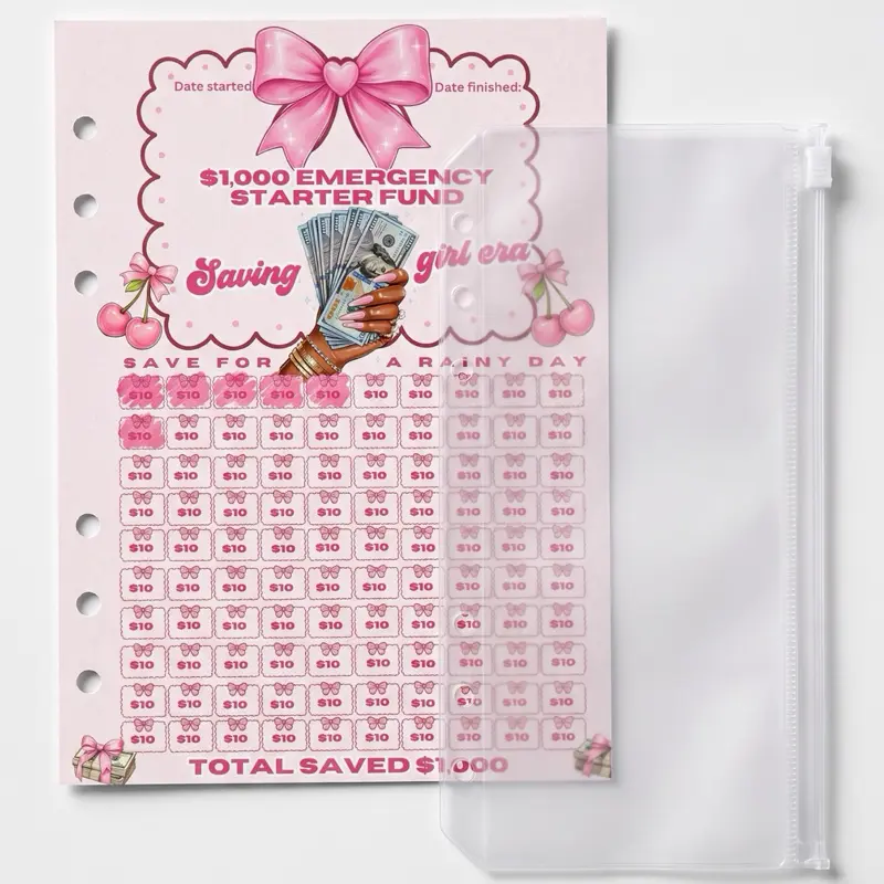 $1,000 Emergency Fund Savings Challenge Tracker | A5 Cash Binder Insert |