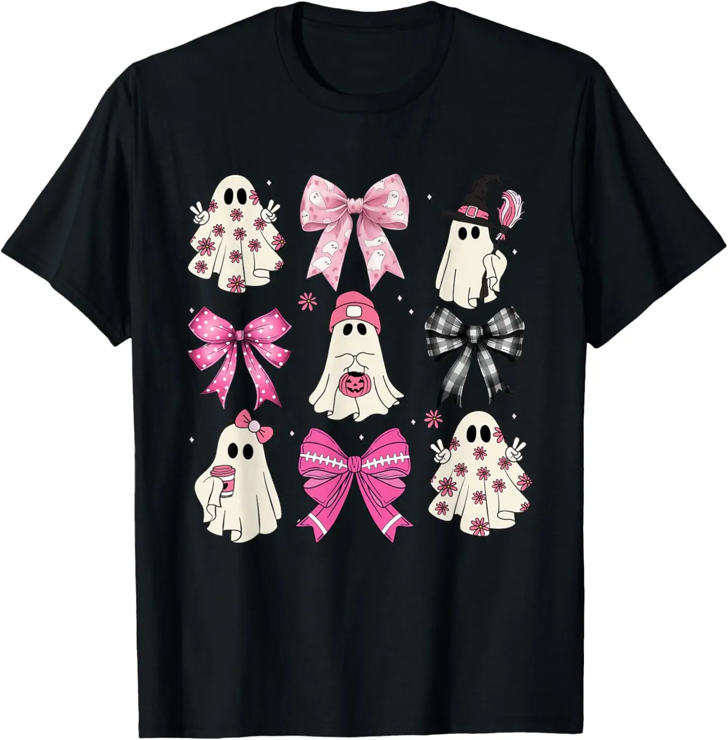 Women's Preppy Pink Ghost Print Graphic Tee - 100% Cotton Playful Halloween Stuff Shirt for Relaxed Wear, Soft Cotton Graphic Shirts