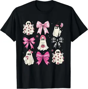 100% Cotton Spooky Vibes Pink Ghost Preppy Halloween Women Girls Kids T-Shirt