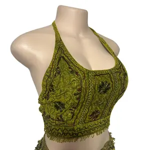 Women’s Festival Olives Green Halter Top Crop Tie Back Hand Embroidery w/Beautiful Flowers & Fringe Soft Comfy Unique Reversible Adjustable