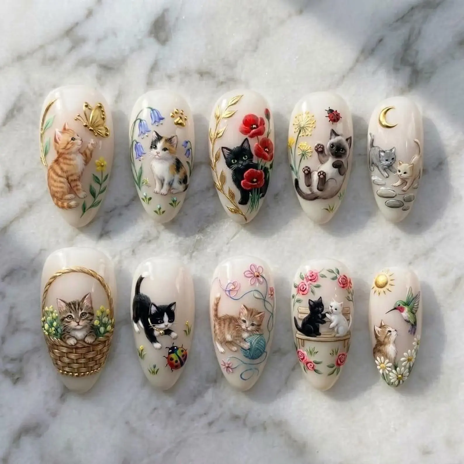 Cat Lover Nails / Realistic Cat Nails / Cute Pet Press On Nails / Hand Painted Animal Art / Handmade Press On Nails