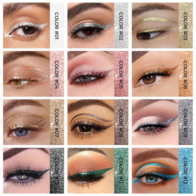 12pcs/set Sparkling Liquid Eyeliner Various Colors & Quick Dry Waterproof Not Easily Smudging Liquid Eyeliner Glitter Liner