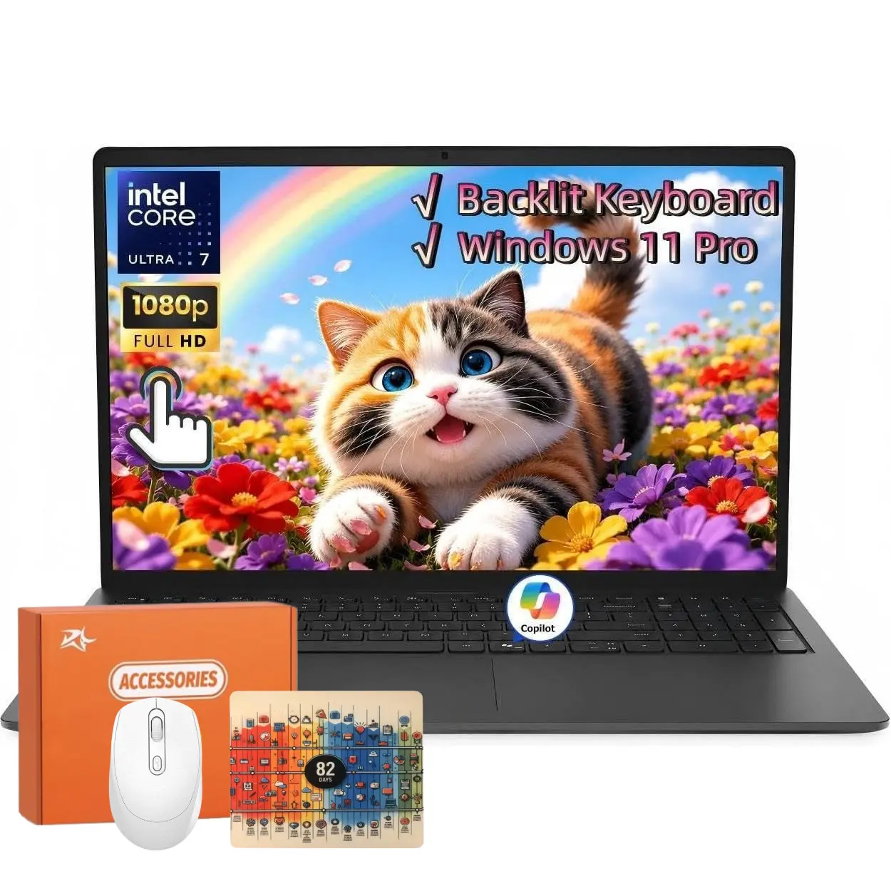 Dell 15 Touchscreen Laptop Computer 2026, Intel 12-Core Ultra 7 255U (Up to 5.2GHz), 15.6" FHD Anti-Glare, 16 GB DDR5 5600MT/s, 1 TB SSD, Intel Graphics, Wi-Fi6, Backlit KB, AI Copilot, Windows 11 Pro