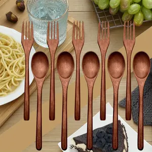 10pcs Handmade Wooden Cutlery Sets Reusable Natural Wooden Spoons and Forks Suitable for Cooking and Mixing Utensils Kitchen Utensils and Supplies