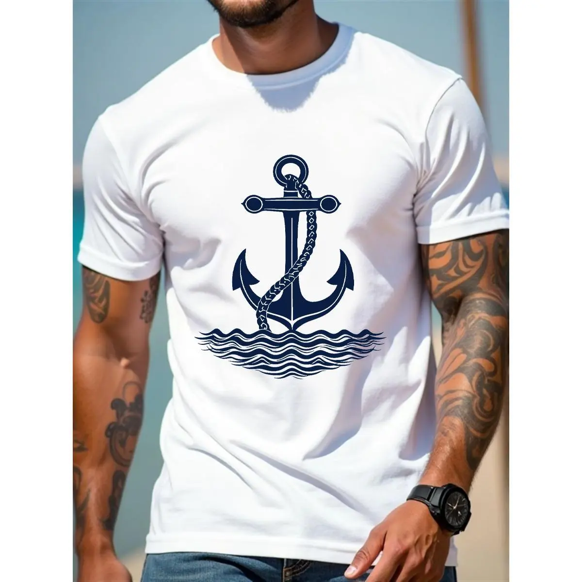 Men’s Anchor Graphic T-Shirt Casual Short Sleeve Crew Neck Nautical Ocean Style Print Lightweight Breathable Everyday Street Style Tee