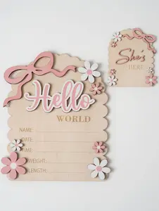 Double-Sided Newborn Birth Announcement Board – Hello World & Shes Here Wooden Baby Name Plaque, Hospital Sign, Baby Photo Prop & Keepsake Gift, Nursery Decor
