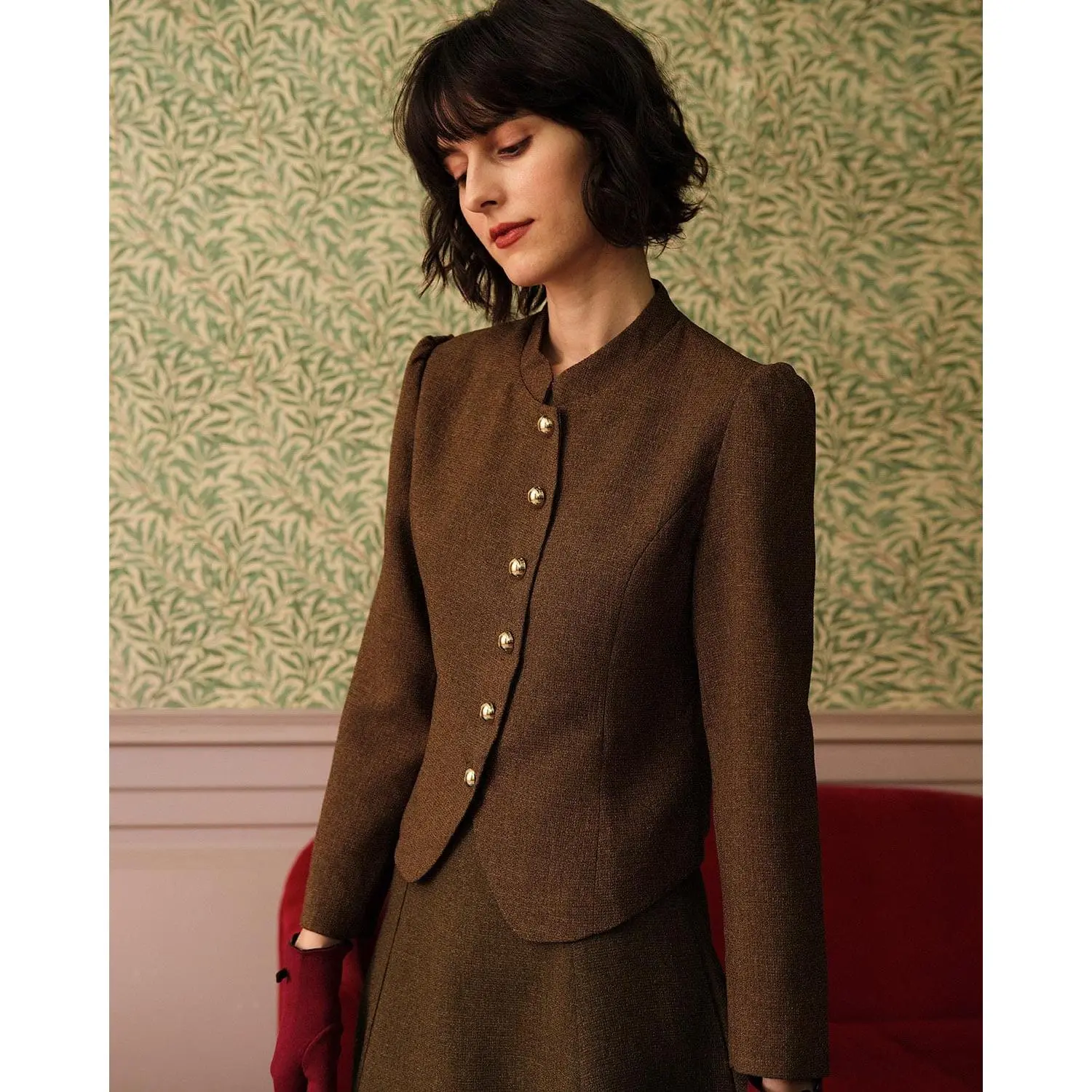 RIHOAS Elegant Vintage Chic Tweed Blazer, Women's Fitted Jacket with Puff Long Sleeves for Fall, M