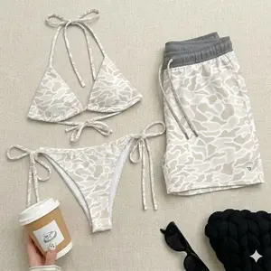 Beige Camo Matching Couple Swimwear – Sexy Triangle Tie Bikini & Men’s Drawstring Swim Shorts, His & Hers Summer Beach Vacation Swimsuit