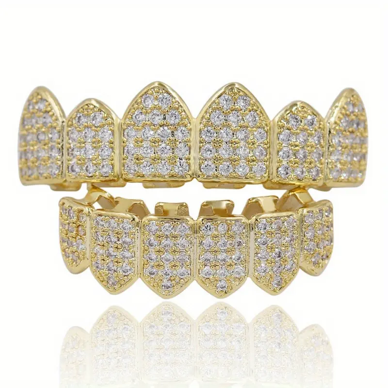 Hip Hop Micro Inlay Braces Set (2pcs) - Full Ice Out Pointed Vampire Teeth, Rhinestone Accents, Artificial Zircon, Copper, Lower Teeth 4cm*1cm Oral Costume Body Jewelry Accessories, Top & Bottom Set, Casual, Daily